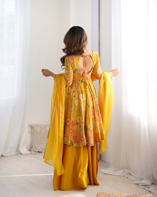 Yellow Color Heavy Pure Roman Silk Kediya Kurta Set with Plazzo And Dupatta Set