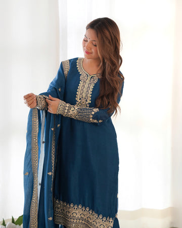 BEAUTIFUL PURE CHINON SILK FABRIC STRAIGHT FIT KURTA WITH DUPPTA SET