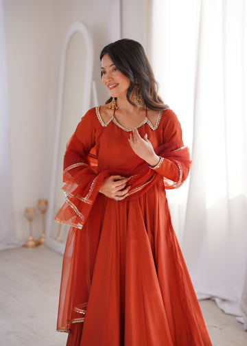 PURE ROMANSILK CHANDERI FABRIC FULLY FLARE ANARKALI,WITH DUPPTA SET,PENT