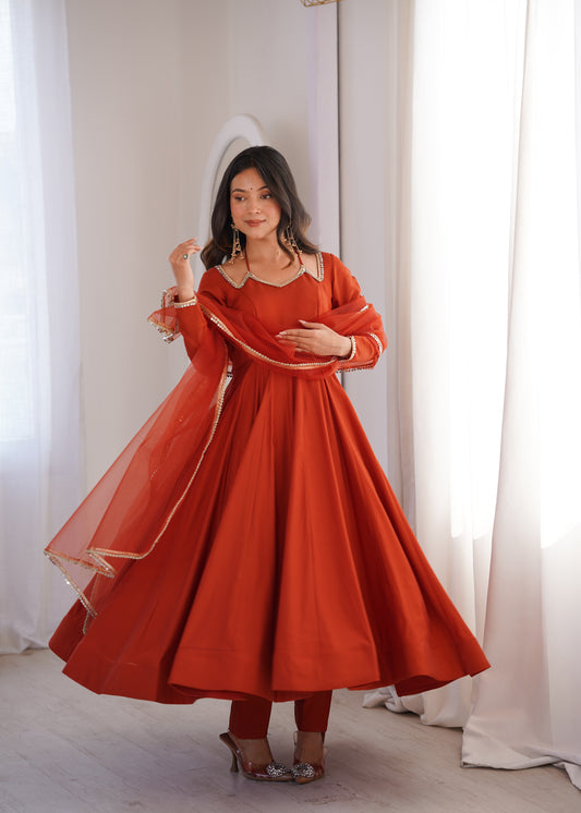 PURE ROMANSILK CHANDERI FABRIC FULLY FLARE ANARKALI,WITH DUPPTA SET,PENT