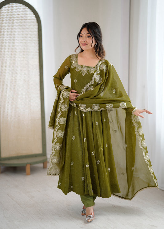 Elegant Embroidered Sequence Designer Anarkali Three Piece Set
