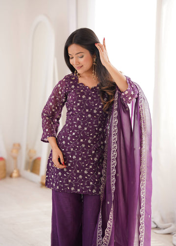 SILK FABRIC WITH EMBROIDERY AND JARI WORK,TOP WITH DUPPTA SET,BELL BOTTOM PENT