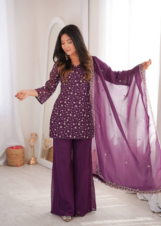 SILK FABRIC WITH EMBROIDERY AND JARI WORK,TOP WITH DUPPTA SET,BELL BOTTOM PENT